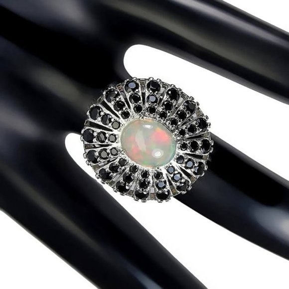 Natural Oval Fire Opal 10x8mm & Black Spinel 925 Sterling Silver Ring 7.25 - Picture 7 of 7